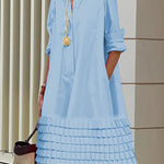 A-Line Long Sleeves Layered Pleated Pockets Solid Color Split-Joint Lapel Midi Dresses Shirt Dress