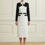 Long Sleeves Buttoned Contrast Color Split-Joint Lapel Midi Dresses