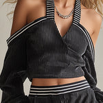 Stylish Sporty Striped Trim Black Corduroy Off-the-shoulder Top And Wide-leg Pants Set