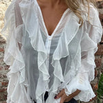 Solid Color Chiffon Ruffled V-neck Patchwork Top
