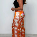Satin Plant Print Elastic Waist Loose Wide Leg Pants