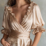 Vintage Elegant Champagne Wrap Ruffle Satin Top