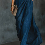 Elegant Dark Blue Cotton And Linen Blend Shirt Long Skirt Set