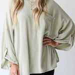 Kpion Pocket Crew Neck Button Down Long Sleeve Top