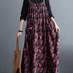 Artistic Retro Ramie Cotton Loose 3 Colors Floral Printed Square-Neck Sleeveless Strap Dress
