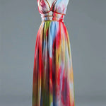 Eileen Tie-dye Print Exquisite Jewelry Ribbon Decoration Strapless Slit Maxi Dress