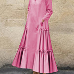 A-Line Long Sleeves Buttoned Layered Pleated Pockets Ruffled Solid Color Split-Joint Stand Collar Maxi Dresses