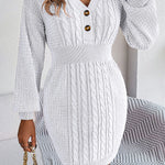 Buttoned V-neck twist lantern sleeves hip-hugging sweater dress