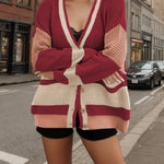 Knitted Jacket V-Neck Pocket Colorblock Cardigan Sweater