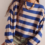Striped Print Crew Neck Long Sleeve Loose Knitted Sweater