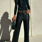 Stylish Faux Leather Pocketed Straight Stretch Pants