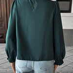 Long Sleeves Loose Elasticity Pleated Ruffle Trim Solid Color Mock Neck Blouses&Shirts Tops