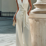 White Belted Jumpsuit With Sleeveless Design