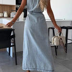 Solid Color Sleeveless Single Breasted Waist Tie Casual Pocket Denim Midi Dress
