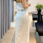 Charming Lady Linen Blend Floral Embellishment Tank and High Rise Pocketed Slit Skirt Set