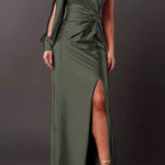 One-shoulder satin twisted high-slit maxi dress