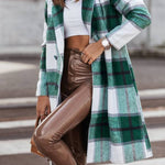 Women's Mid Length Double Breasted Plaid Print Woolen Coat