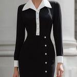 High Waisted Long Sleeves Buttoned Contrast Color Split-Front Split-Joint Lapel Midi Dresses