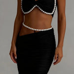 Imalia Stretch Mesh Pearl Trim Gathered Tank and Detachable Belt Vacation Maxi Skirt Set