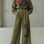 Loose Wide Leg Floral Printed Pleated Split-Joint Pants Trousers