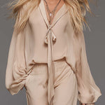 Elegant Flowing Versatile Tie-front V-neck Flared Sleeves Beige Chiffon Blouse And Pants Set