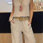 Cotton and linen solid color sleeveless trousers two-piece suit
