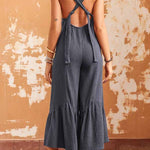 Grey Solid Color Sleeveless Flare Leg Jumpsuit with Pockets