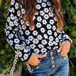 Mock Neck Floral Print Knitted Sweater Color Block Light Weight Sweater