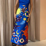 Main Stage Unique Printed Ruched Cross Over Detail Strap Midi Dress