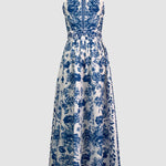 A-Line Loose Flower Print Split-Joint Lapel Maxi Dresses