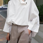 Long Sleeves Loose Buttoned Solid Color Stand Collar Blouses&Shirts Tops