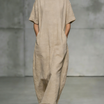 Women's Elegant, Natural-colored Cotton And Linen Blend Round-neck, Short-sleeved, Loose-fitting Long Dress