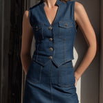 Sleeveless Denim-Effect Tailored Vest & Mini Skirt Two-Piece Set