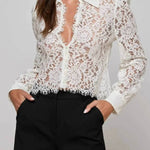 Long-sleeved fringe cropped see-through top