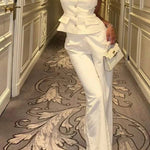 Fashion One-shoulder Slim-fit Button Vest and Casual Pocket Straight-leg Suit Pants Set