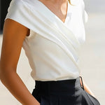 Loose Short Sleeves Asymmetric Pleated Solid Color Split-Joint V-Neck T-Shirts Tops