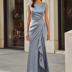 Asymmetric Draped Satin Flowing Maxi Dress
