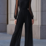 Sheer Sleeve Cinched Waist Wide-Leg Jumpsuit