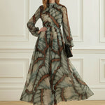 Balloon Sleeves Long Sleeves Big Hemline Contrast Color Pleated Print Zipper Stand Collar Maxi Dresses