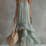 Lightweight Bohemian-style Tiered Ruffle Sleeveless Maxi Dress