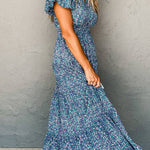 Blue Abstract Print Split V Neck Shirred High Waist Maxi Dress