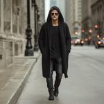 Men's Autumn And Winter Fashion Solid Color Cotton Yarn Knitted Long Hooded Cardigan