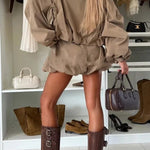 Fashion Style Button Long Balloon Sleeve Pocket Lapel Casual Bomber Jacket