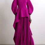 Long Sleeves Loose Pleated Solid Color Split-Joint Tiered Round-Neck Maxi Dresses