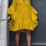 Flared Sleeves Loose Pleated Solid Color Split-Joint V-Neck Mini Dresses