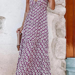 Purple Geometric Print Knotted Straps V Neck Vacation Dress