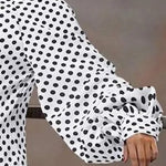 Loose Puff Sleeves Pleated Polka-Dot Split-Joint High Neck Mini Dresses Shirt Dress