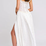 Ulissa Light Green Square Neck Jacquard Textured High Slit Maxi Dress
