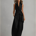 Women's Jet Black Structured Jumpsuit With Wide-Leg Pants & Side Pockets, Modern Bold-Elegant Style Jumpsuit