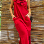 Vacay Ready Linen Blend Floral Embellishment Pocketed Slit Maxi Dress